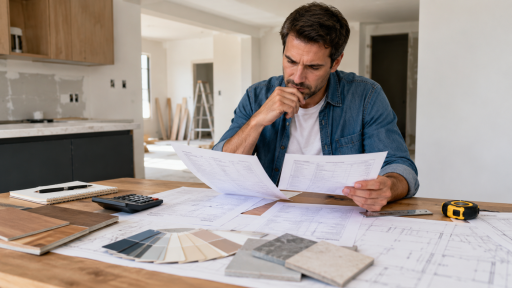Cliente e profissional a analisar um orçamento detalhado de remodelação