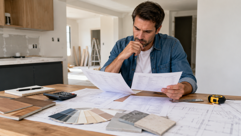 Cliente e profissional a analisar um orçamento detalhado de remodelação