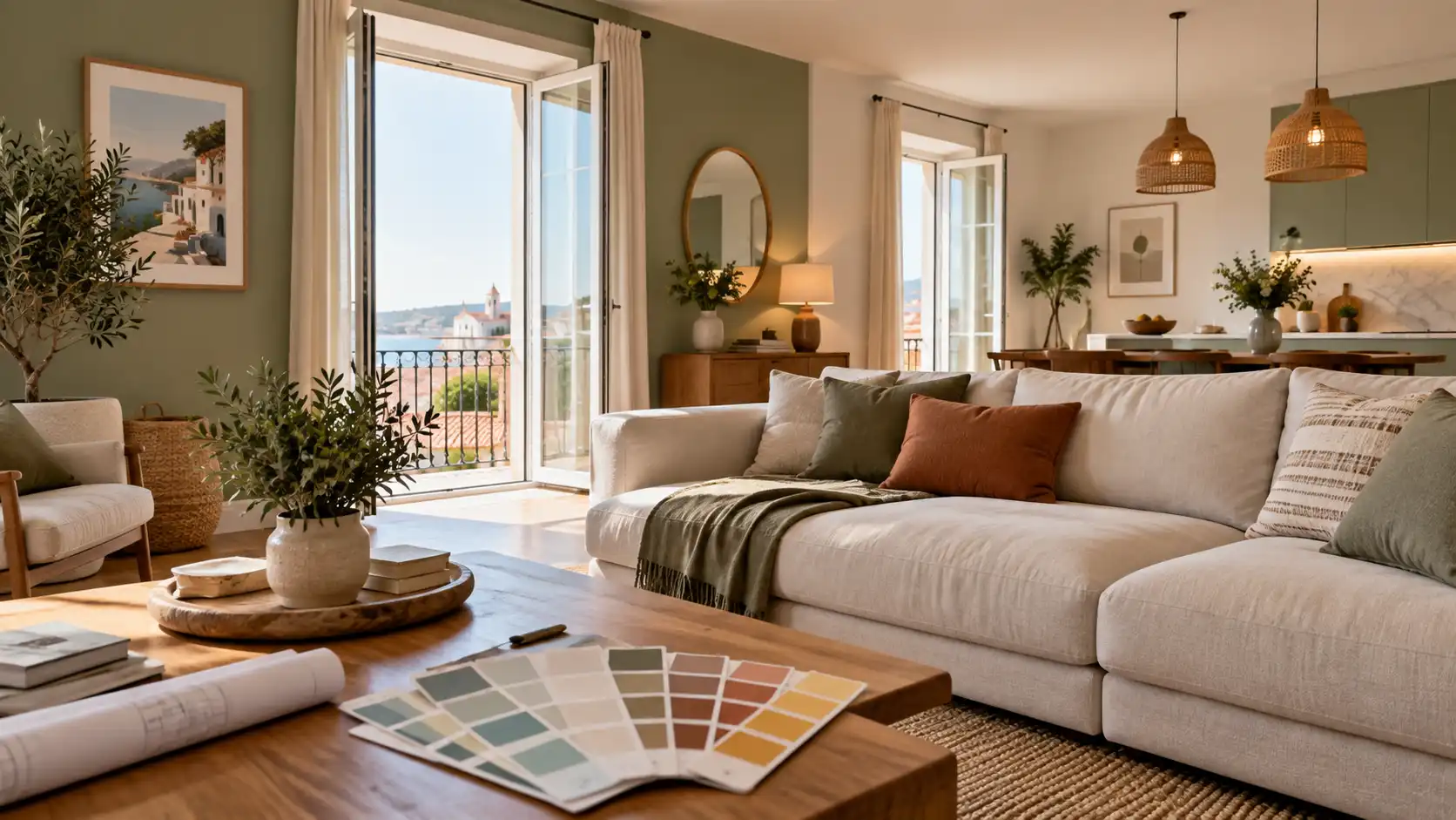 Sala renovada com amostras de cores e decoração harmoniosa